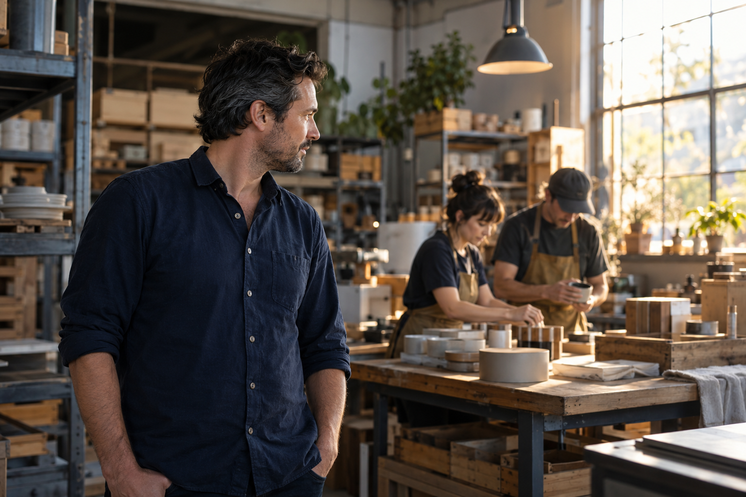 Illustrative scene of a business owner watching a team work independently in a workshop.